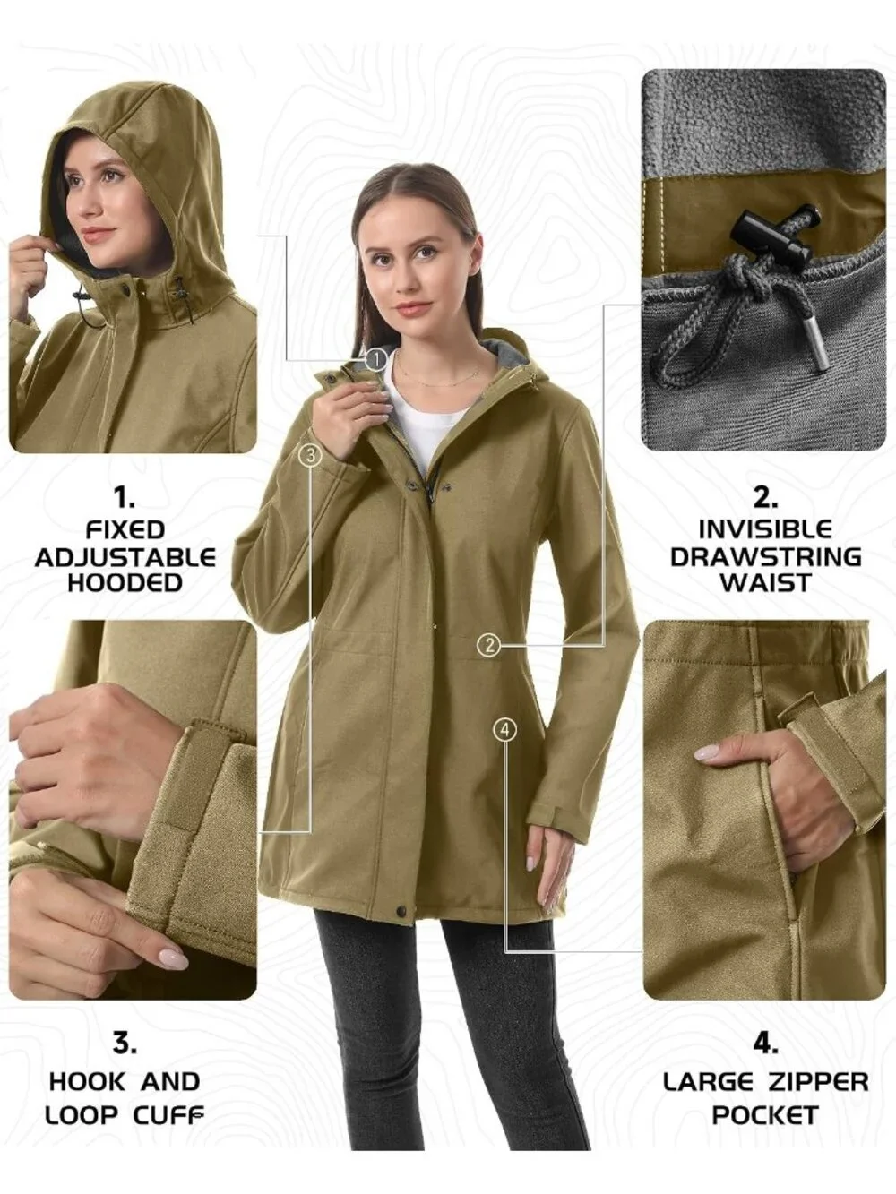 Women's Tan Hooded Fleece Lined Waterproof Hiking Softshell Long Rain Jacket